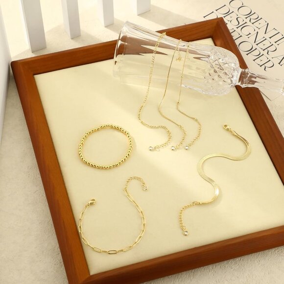 Gold Bracelet Set for Women Beaded Layered Link Herringbone Adjustable Jewelry - Picture 6 of 7